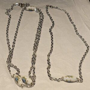Vintage  Emmons Silver Chain Necklace with White Porcelain Beads with Roses - 2